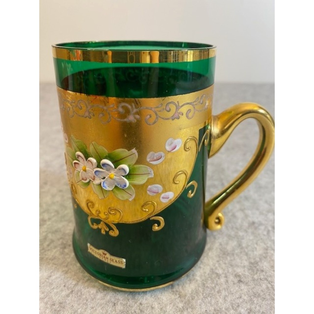 Victorian hand painted Emerald Green Gold embossed Vintage Collectable glass Mug